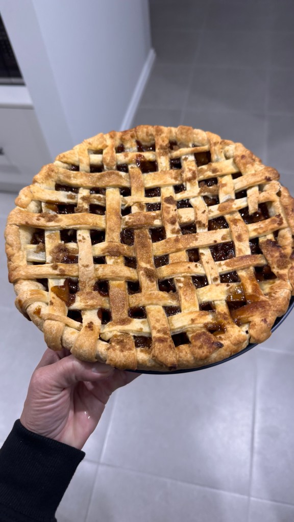 Apple pie with lattice pastry.